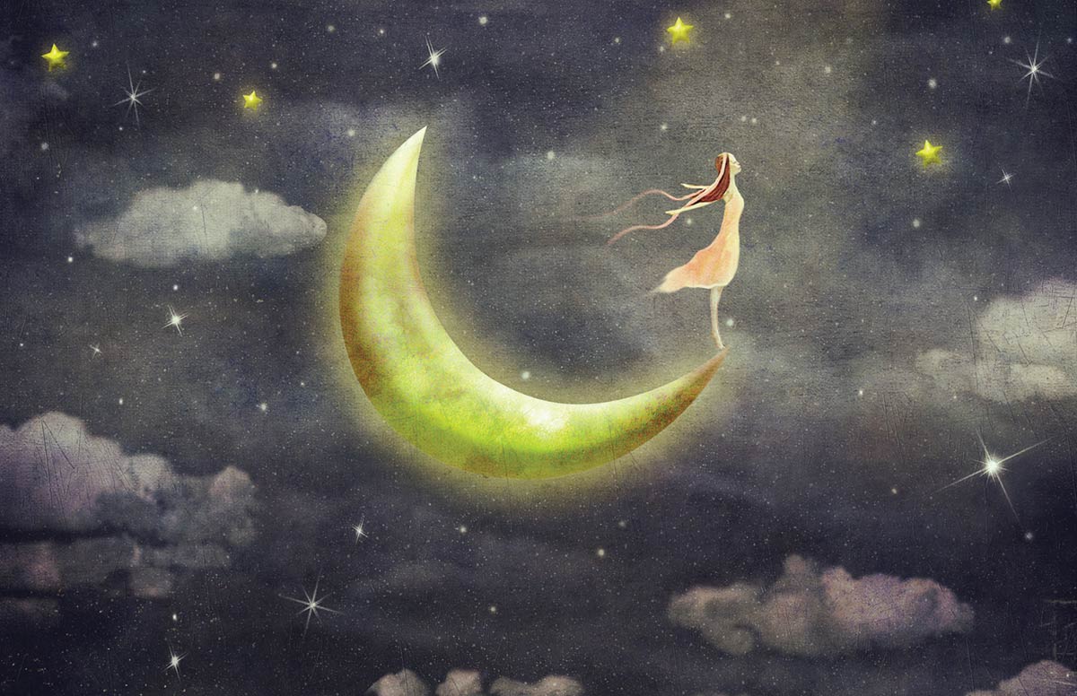 Slika vizuelne reprezentacije sna - devojka koja stoji na mesecu